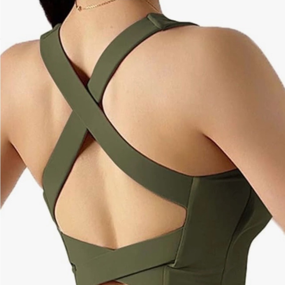 Strappy ToppKissy Sports Bra Army Green XL Longline Yoga Crop Top Workout Tank